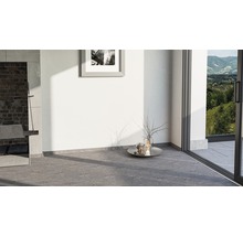 Innenraum mit Fliesenboden, Kamin und Terrassentür