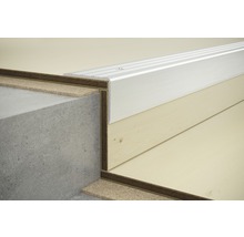 Detailansicht von Treppenkante mit Aluminiumprofil, Kork und Beton