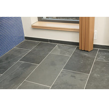 Badezimmer mit Bodenfliesen und blauer Wandfliese.