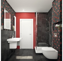 Modernes Badezimmer mit Dusche, Waschbecken und Toilette vor gemusterter Wand