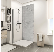 Modernes Badezimmer mit Duschkabine, Duschtasse und Duscharmatur vor einer grauen Wand