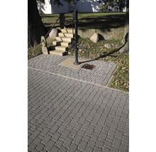 Gepflasterter Weg mit Wasserpumpe und Treppe