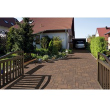 Einfahrt mit Pflastersteinen, Haus und Garten