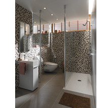 Helles Badezimmer mit Mosaikfliesen, Duschkabine, Toilette und Waschtisch