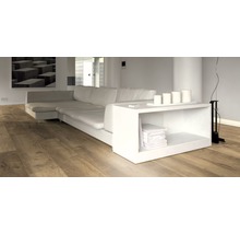 Heller Wohnraum mit Laminatboden, Sofa und Beistelltisch