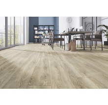 Heller Büroraum mit Holzboden, Tisch und Stühlen.