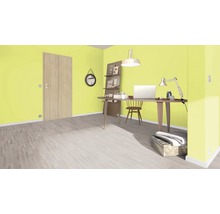 Helles Arbeitszimmer mit Holztür, Schreibtisch, Stuhl, Regal und Dekoration