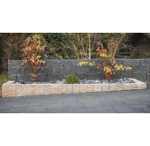 Gartenmauer mit Pflanzenbeet und Zierpflastersteinen