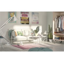 Wohnzimmer mit Sofa, Couchtisch, Stehlampe, Teppich, Dekorationsgegenständen, Bildern und Kleiderschrank.