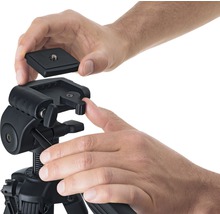 Ein Mann befestigt eine Schnellwechselplatte an einem Stativkopf.