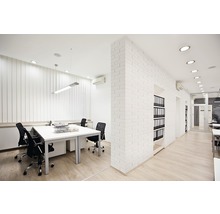 Helles Büro mit Schreibtischen, Bürostühlen, Beleuchtung und Regalen