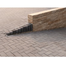 Außenbereich mit Pflastersteinen, Palisaden und einer Steinmauer