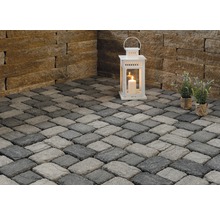 Szene mit Pflastersteinen, Laterne und Pflanzen im Topf.