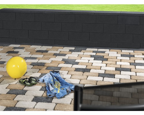 Garten mit Pflastersteinen und Mauer