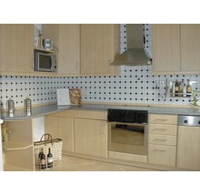 Küchenansicht mit Einbauschränken, Spüle, Herd und Dunstabzugshaube