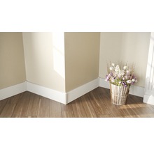 Wandanschluss mit weißen Sockelleisten, Blumengesteck auf Holzboden