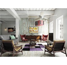 Wohnzimmer mit Sofa, Sesseln, Teppich, Tisch, Kommode, Fernseher, Deckenventilator und Heizgerät