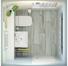 Draufsicht eines Badezimmers mit Toilette, Waschbecken, Spiegel, Holzfußboden und Dusche