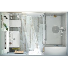 Badezimmer mit Toilette, Waschbecken und Dusche mit Holzboden