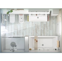 Draufsicht eines Badezimmers mit Toilette, Bidet, Waschbecken, Dusche und Badewanne
