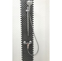 Duscharmatur mit Handbrause vor Wand mit schwarzen und weißen Fliesen