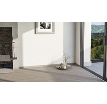 Heller Raum mit keramischen Fliesen in Holzoptik, offenem Kamin und Schiebetür