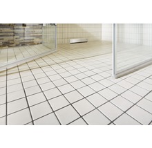 Badezimmer mit quadratischen Bodenfliesen und Duschkabine