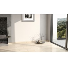 Heller Raum mit Holzboden, Kamin und Terrassentür