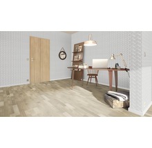 Helles Arbeitszimmer mit Schreibtisch, Stuhl, Regalen und Tür