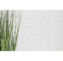 Hintergrund mit weißen Sechseckfliesen und unscharfem Dekogras