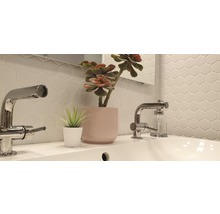 Badezimmerwaschtisch mit Armaturen, Deko-Pflanzen und sechseckigen Wandfliesen