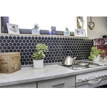 Küchenszene mit sechseckigen Fliesen, Kochfeld, Teekessel und Topfpflanzen