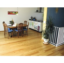 Wohnraum mit Holzboden, Esstisch und Küchenzeile