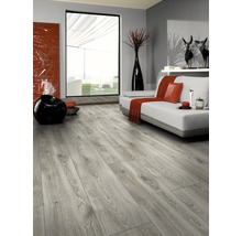 Heller Wohnraum mit Laminatboden in Holzoptik, Sofa, Fenster und Dekoration