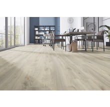 Helles, modernes Büro mit Laminatboden in Holzoptik, Schreibtisch und Regalen