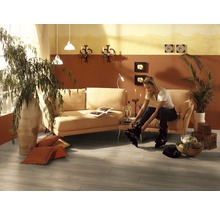 Wohnzimmer mit Sofa, Zimmerpflanzen und Frau beim Anziehen von Inlineskates