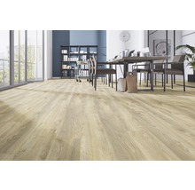 Heller Büroraum mit hellem Holzboden, Schreibtisch und Regalen