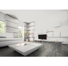 Helles Wohnzimmer mit Sofa, Wohnwand, Tisch und Dekoration