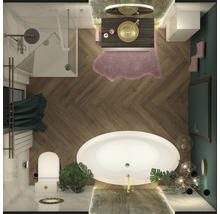 Draufsicht eines Badezimmers mit Badewanne, Dusche, Waschtisch und Toilette