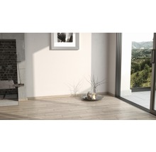 Innenraum mit Holzbodenfliesen, Dekoration und Ausblick ins Grüne