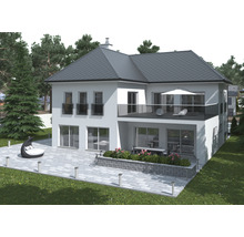 Ansicht eines zweistöckigen Hauses mit Terrasse, Balkon und Garten