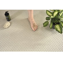 Szene mit runden Mosaikfliesen, einem Fuß, einer Pflanze, einem Schwamm und einer Seifenflasche