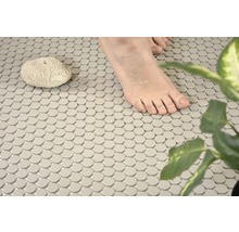 Badezimmerboden mit Mosaikfliesen, Fuß, Stein und Pflanze