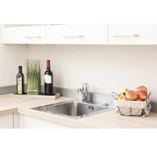 Küchenspüle aus Edelstahl mit Armatur, umgeben von Dekoration und Lebensmitteln.