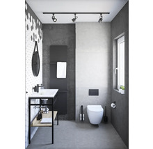 Modernes Badezimmer mit Waschbecken, Toilette und grauen Akzenten