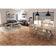 Heller Wohnraum mit Sitzgruppe, Esstisch und Kaminofen auf Fliesenboden.