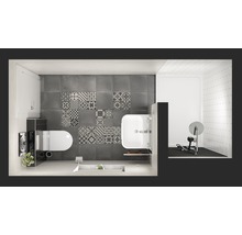 Ansicht von oben eines Badezimmers mit WC, Waschbecken und Dusche neben einem Trainingsraum mit Hantelbank.