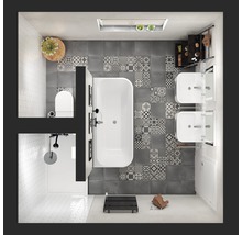 Draufsicht eines Badezimmers mit Badewanne, Dusche, Waschbecken und Toilette