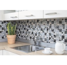 Küchenszene mit Spüle, Mosaikfliesen und Pflanze