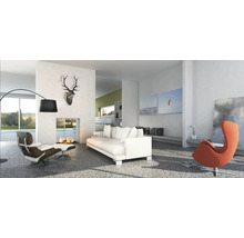 Heller Wohnraum mit Sofa, Sessel und Kamin